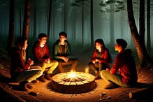 Jugendliche sitzen an einem Lagerfeuer im Wald