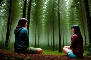 Teenager unterhalten sich im Wald sitzend