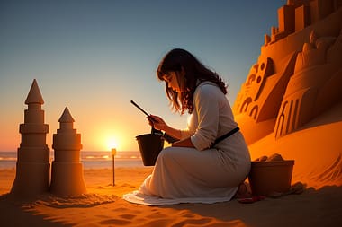 Junge Frau arbeitet an einem Sandmonument