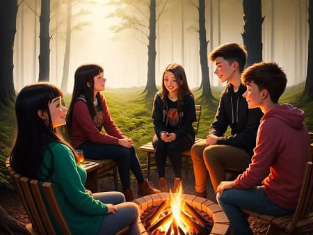 Jugendliche sitzen um ein Lagerfeuer im Wald