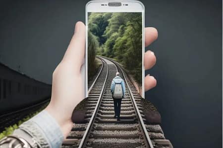 Mann läuft auf Zugstrecke in ein Smartphone hinein